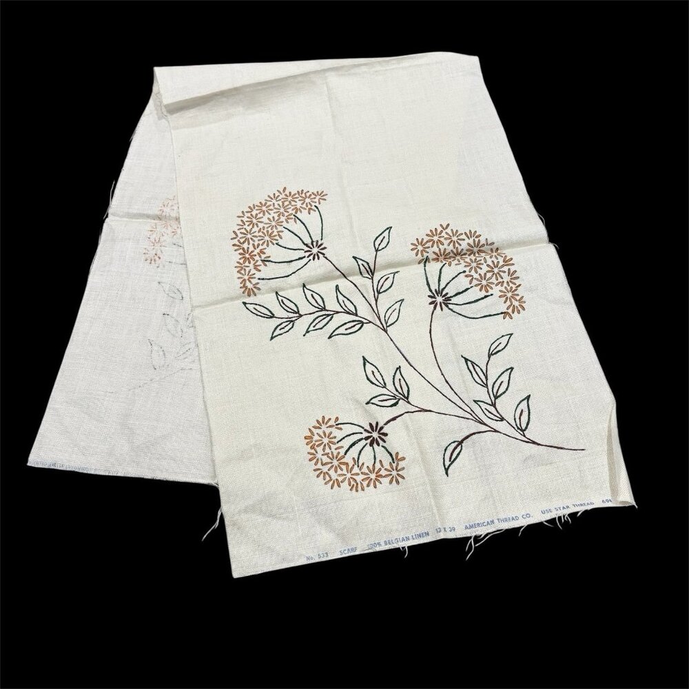 Vintage Dresser Scarf Belgian Linen See Pics Floral Print Primitive Decor Accent